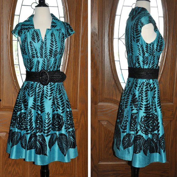 Kay Unger of New York Teal & Black Silk Dress With Black Belt - Picture 1 of 8